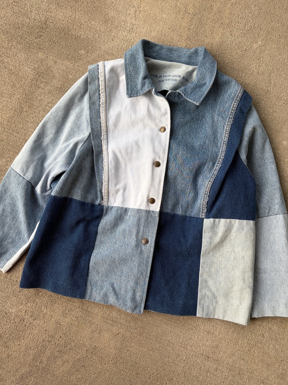 Vintage 90s handmade denim patchwork button front jacket upcycled coat blue